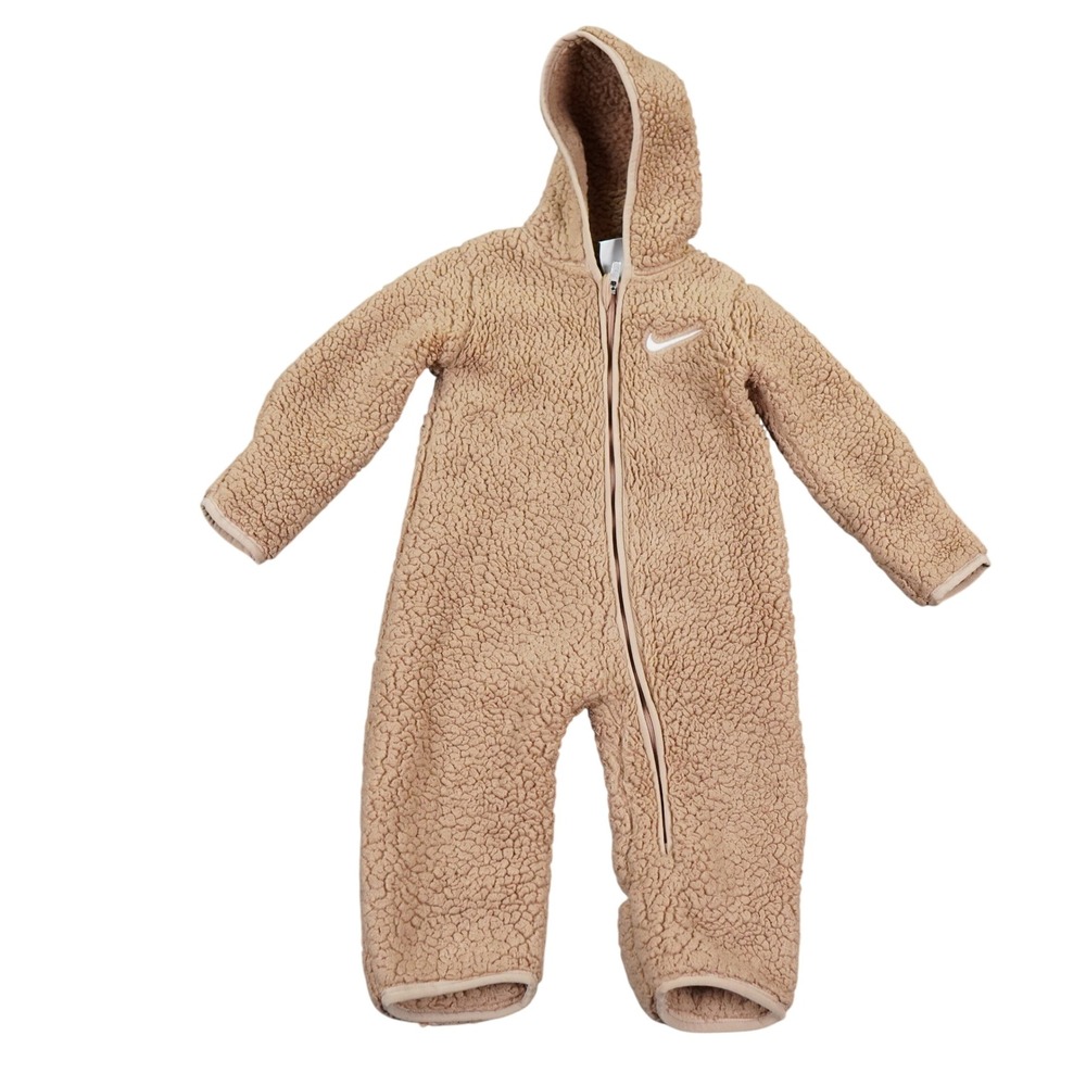 Nike Sherpa Fleece Bunting Kids 9M Tan Hooded Full Zip Swoosh Logo L638-XOL